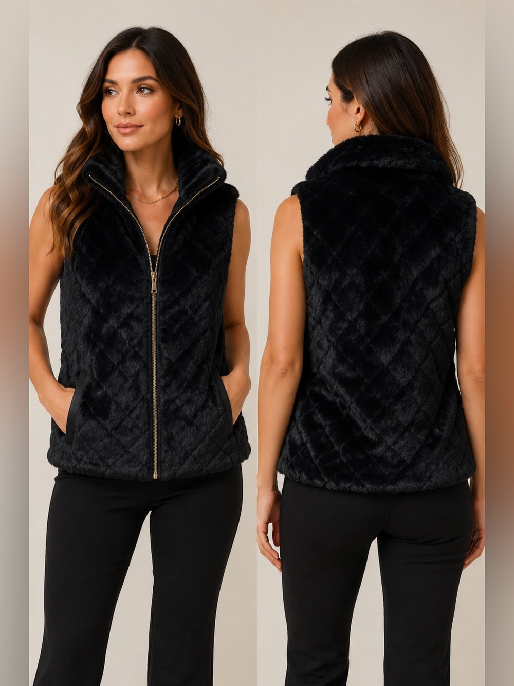 Carmen Marc Valvo Black Faux Fur Quilted Zip Vest NWT XS